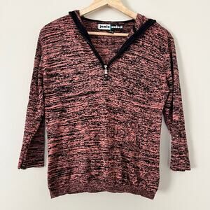 Jamie Sadock Silk Blend Pulloveer Hooded Sweater Half-Zip Peach Black Medium